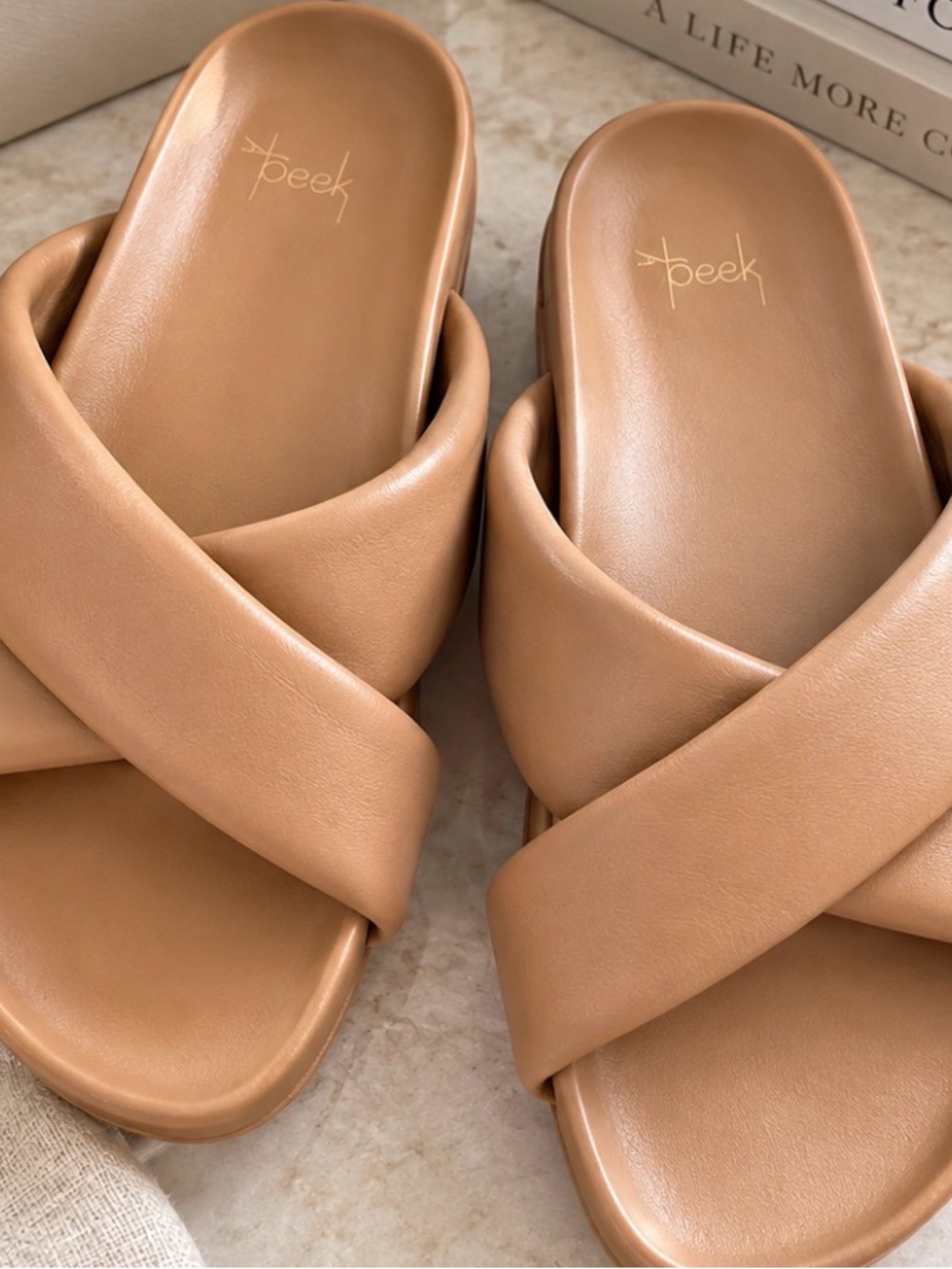 beek $280 Women's Tan Crisscross Slide Sandals